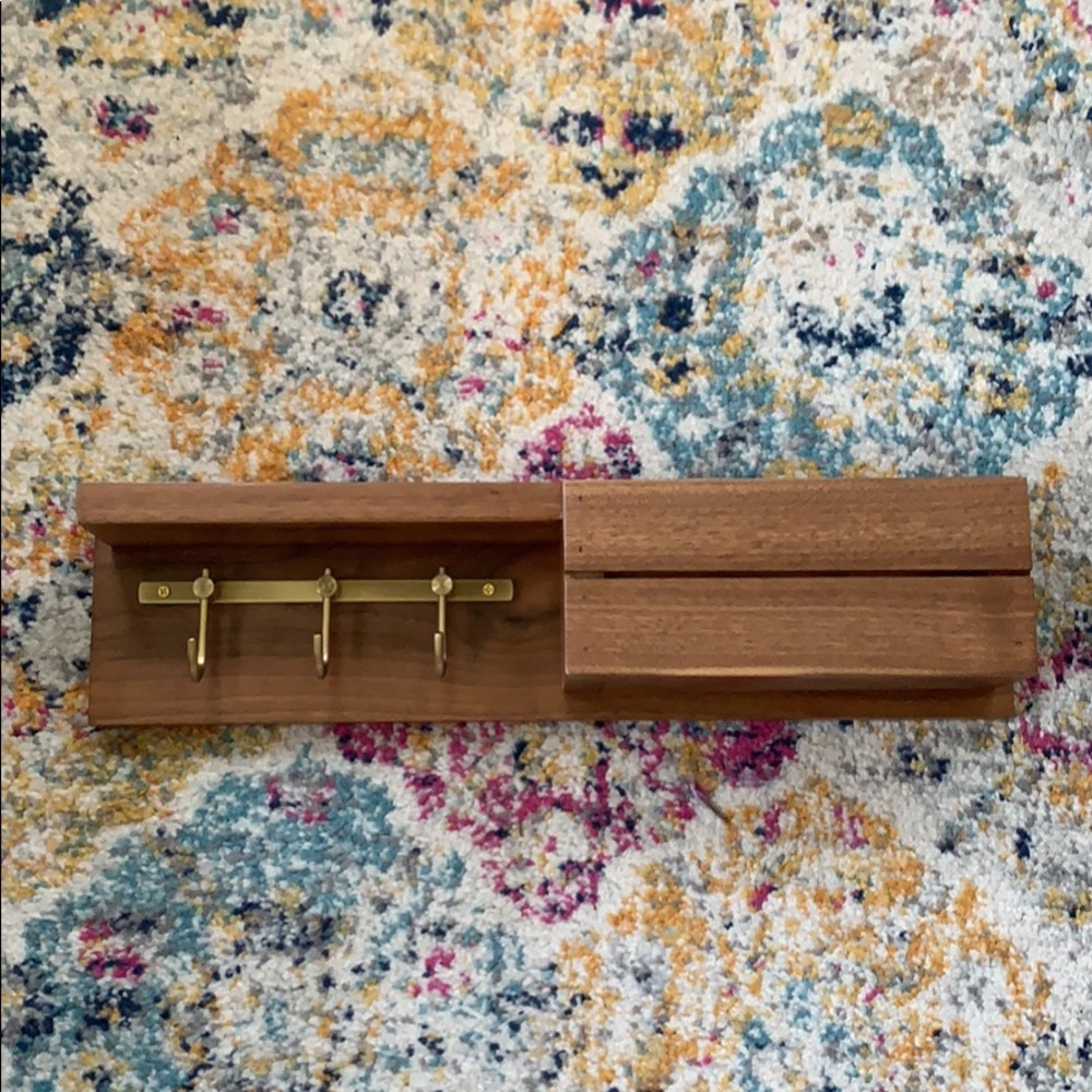 Solid wood wall mounted mail holder with key hooks